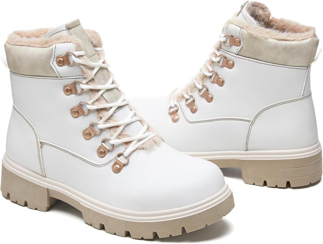 Women Winter Snow Boots with Fur Lined,Black Low heels Combat Ankle Boots,Non Slip Leather Ankle Boots for Women (8, White)