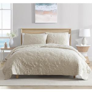 CARIBBEAN JOE King Outlined Shell 3-Piece Quilt Set, Coastal Beach Design Bedding, Sand