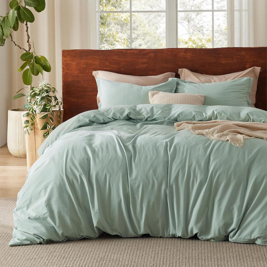 Bedsure 100% Washed Cotton Duvet Cover King Size - Sage Green Minimalist Cotton Duvet Cover Linen Like for All Seasons - GentleSoft Plain Simple Bedding, 3 Pieces (Sage Green, King, 104"x90")