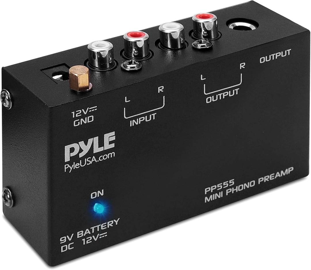 Pyle Phono Turntable Preamp - Mini Stereo Preamplifier with 9V Battery - 12V DC Power Adapter - RCA Input/Output - Low Noise - Ideal for Phonograph and Vinyl - PP555