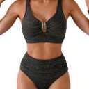 Eomenie Bikini Sets for Women High Waisted Two Piece Bathing Suit U Wired V Neck Swimsuit Adjustable Straps Swimwear (Black, L)