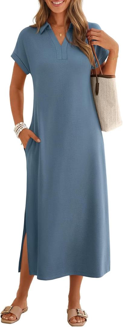 MEROKEETY Women's Summer Casual Maxi Dress 2026 Cap Sleeve V Neck Collared Beach Vacation T Shirt Long Dresses (Blue, L)