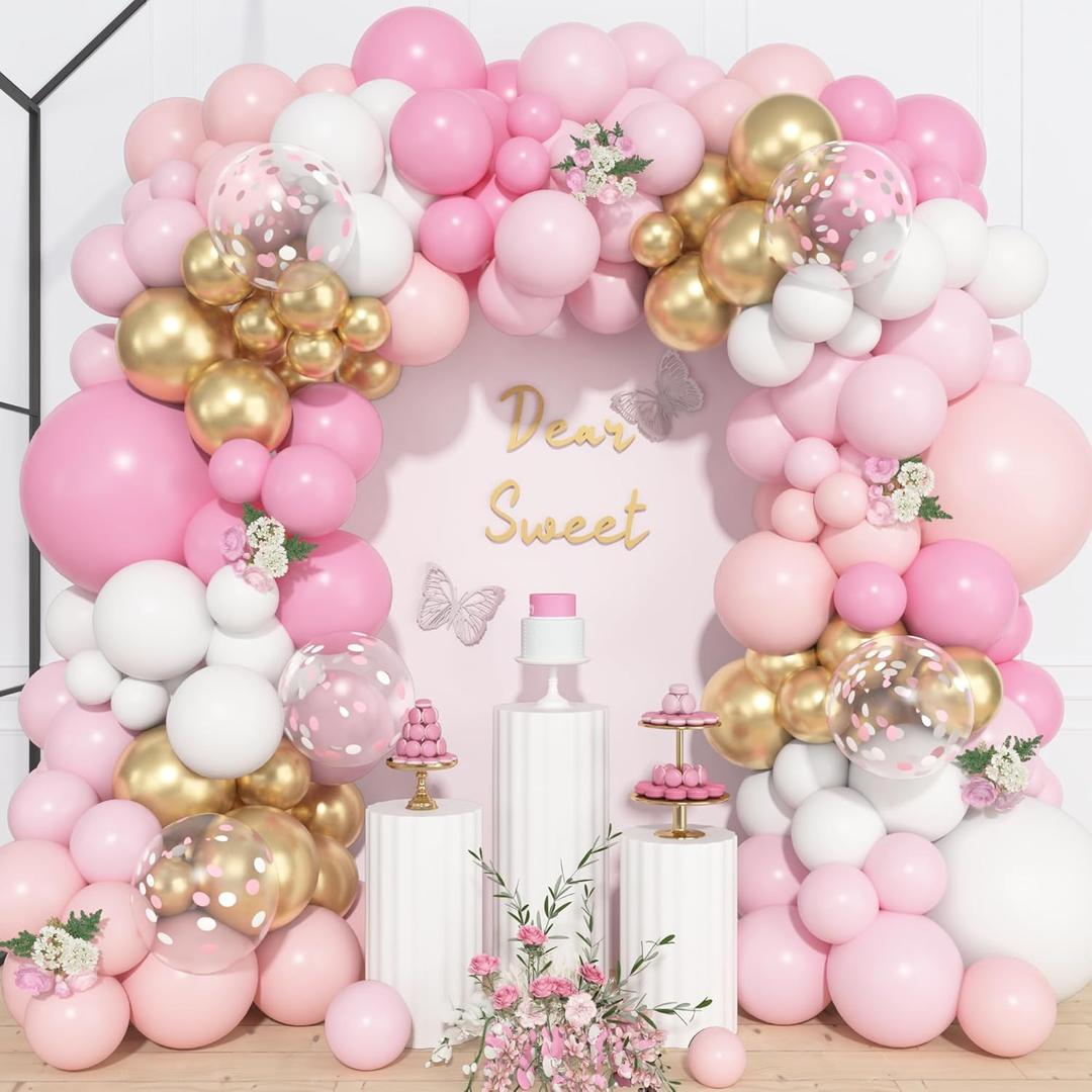 Ouddy Life 157 Pcs Pink and White Balloons Arch Kit, Pink Gold Birthday Decorations for Women Girls, Pastel Pink Chrome Gold Latex Balloon Valentines Day Wedding Party Gender Reveal Anniversary