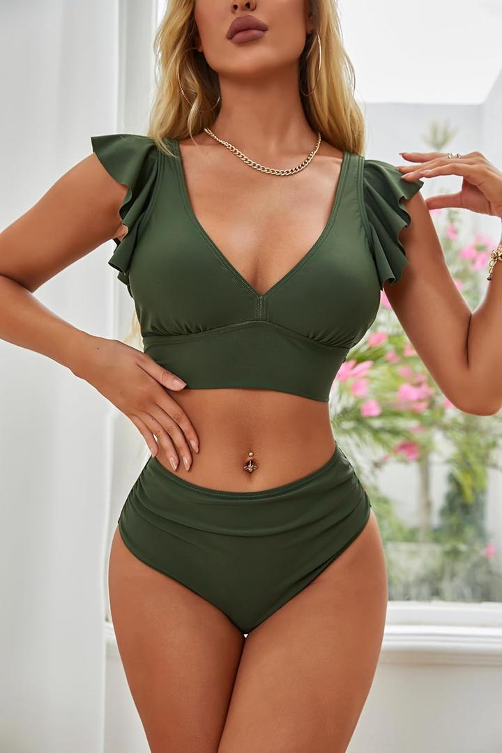 Sexy Bikini Sets for Women V Neck Ruffle Swimsuit 2 Piece High Waist Bathing Suit (Green)