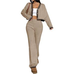 WDIRARA Women's Contrast Trim 2 Piece Outfit Button Down Crop Cardigan Wide Leg Pants Set Knit Outfits (Beige, M)
