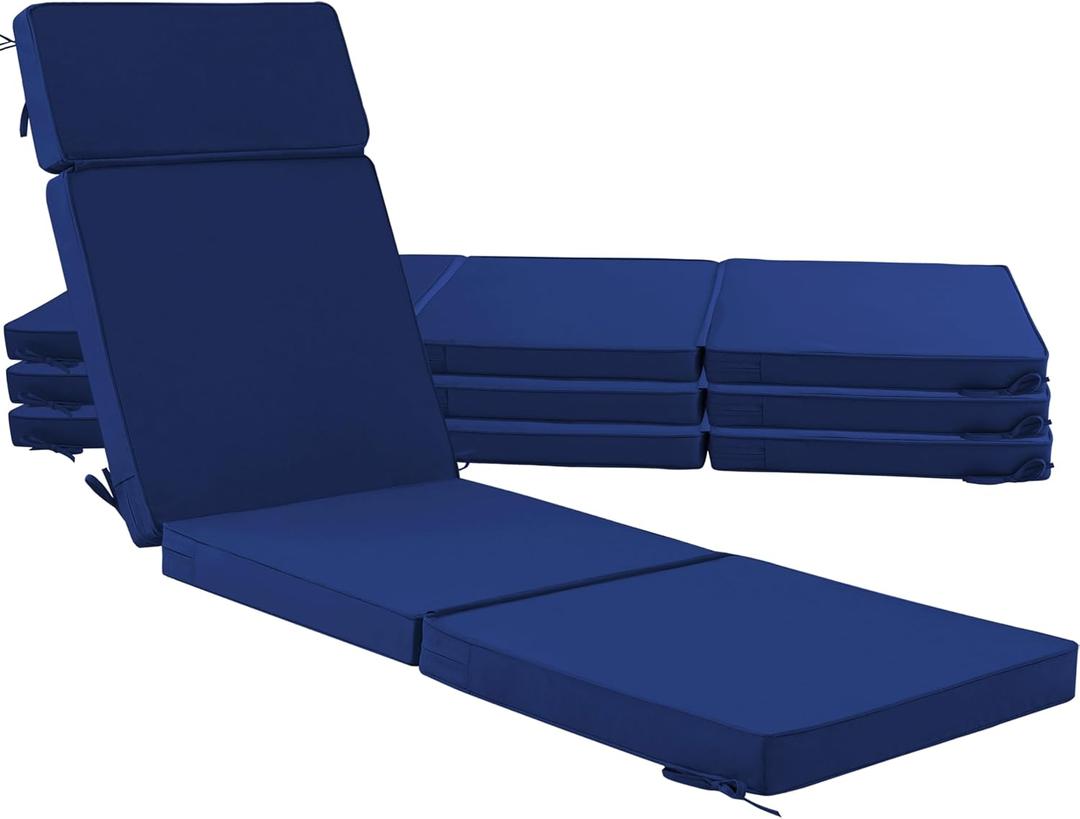 72 x 21 Inch Outdoor Chaise Lounge Cushions Set of 4 - Removable Cover, 4-Section Design, Water-Repellent & Fade-Resistant, 6 Tie Straps, Replacement for Patio & Pool Chairs - Navy