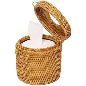 Rattan Tissue Box Toilet Paper Cover Wicker Decorative Holders with Lid 5.9 Dia X 5.5 H in for Storage Single Roll and Tissues Protector in Bathroom, Round Toilet Holder Basket (Honey Brown)