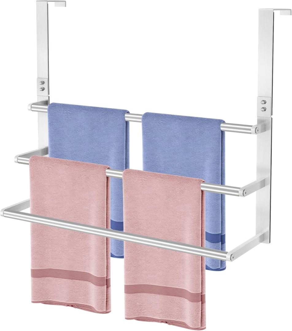 24Inch Brushed Nickel Over The Door Towel Rack, VOTZAAQ Stainless Steel Over Door Towel Holder, Door Towel Hanger with 3 Tier Towel Bars, Over Door Towel Storage for Bathroom