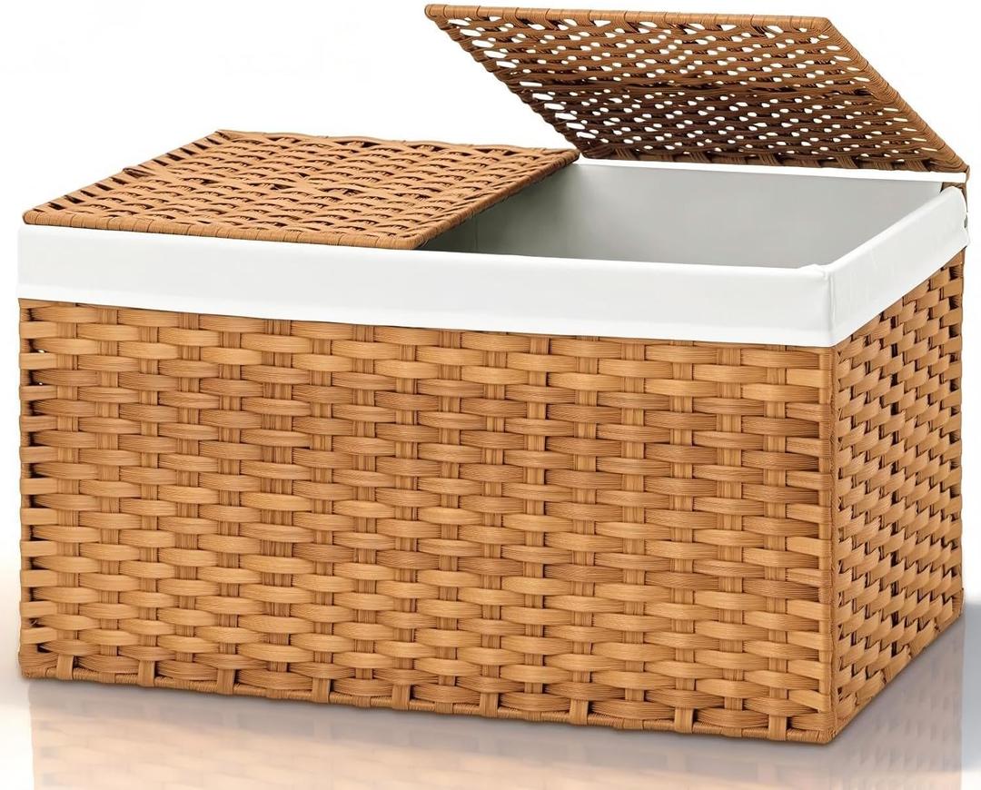 Storage Basket with Lid  Foldable Rattan Woven Basket with 2 Separate Lids, 17.2 Gallon (65L), 22  13  13.8 Inches, with 1 Removable Liners & Side Handles, for Bedroom, Laundry, Natural