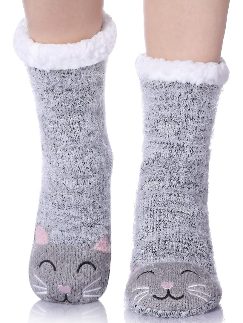 MQELONG Womens Super Soft Cute Cartoon Animal fuzzy Cozy Non-Slip Winter Slipper Socks
