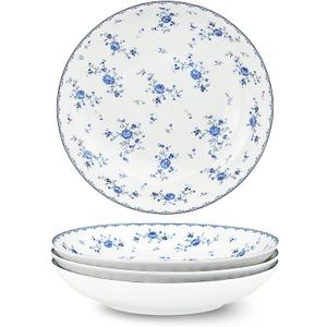 fanquare 8 Inch Porcelain Salad Bowls Set of 4, Round Floral Plates Set for Soup, Pasta, Dessert, Fruit