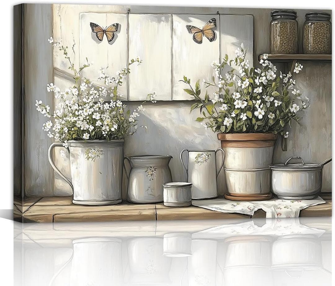 Rustic Kitchen Canvas Wall Art Vintage Farmhouse Pictures Wall Decor Country Painting Prints Farm Poster for Living Room Dining Room Restaurant Decor Framed(Kitchen-6,16L x 24W)