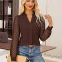 GRACE KARIN Women Business Casual Tops Sheer Lace Long Sleeve Blouses Work Office Pleated V Neck Shirt Fall Formal Outfits (Brown), Medium
