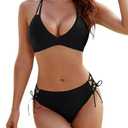 Blooming Jelly Women's Bikini Set Two Piece Swimsuit Curvy Triangle Top String Lace Up Mid Rise Bottom Cute Cheeky Bathing Suit (Black Solid Color,M)