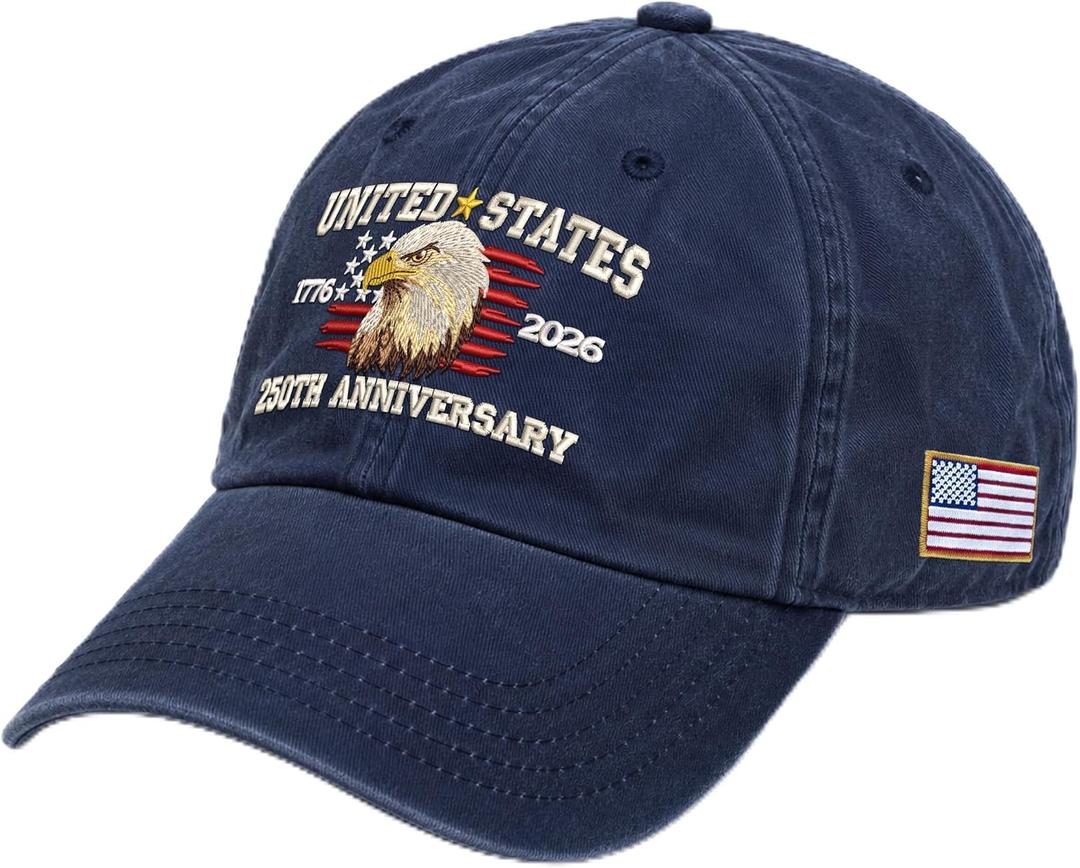 2 x FLAGWIX 250th Anniversary USA Hat - Adjustable Embroidered Patriotic American Eagle Baseball Cap - 4th of July Vintage Eagle Hat for Men Women Veteran Army Military, America 250th Anniversary Cap (Blue)