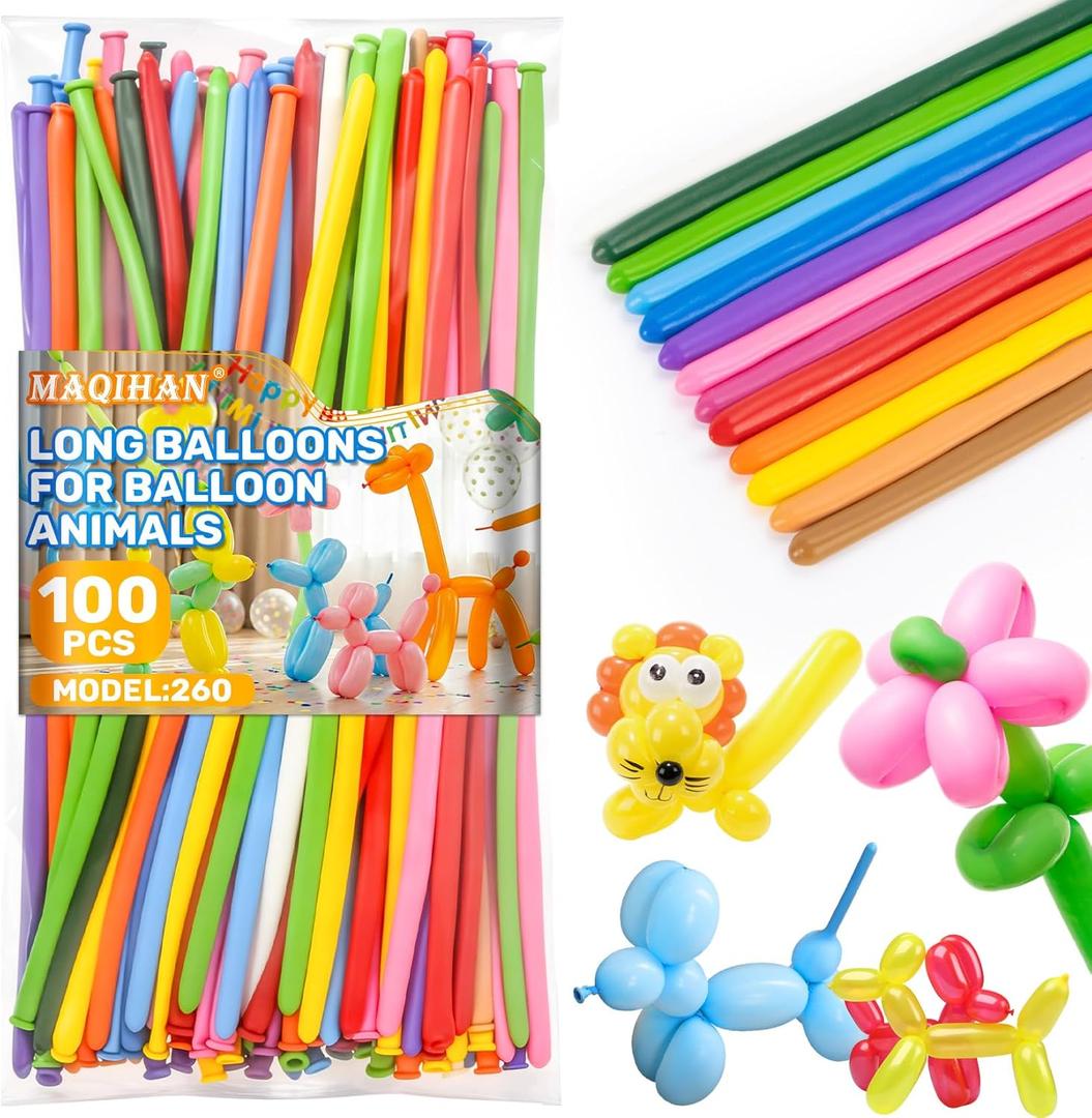 MAQIHAN 100 Long Balloons for Balloon Animals - 260 Long Skinny Balloons for Tying Balloon Arch Assorted Colors Globos Largos Clown Latex Twisting Birthday Wedding Carnivals Party Decoration (Multi)