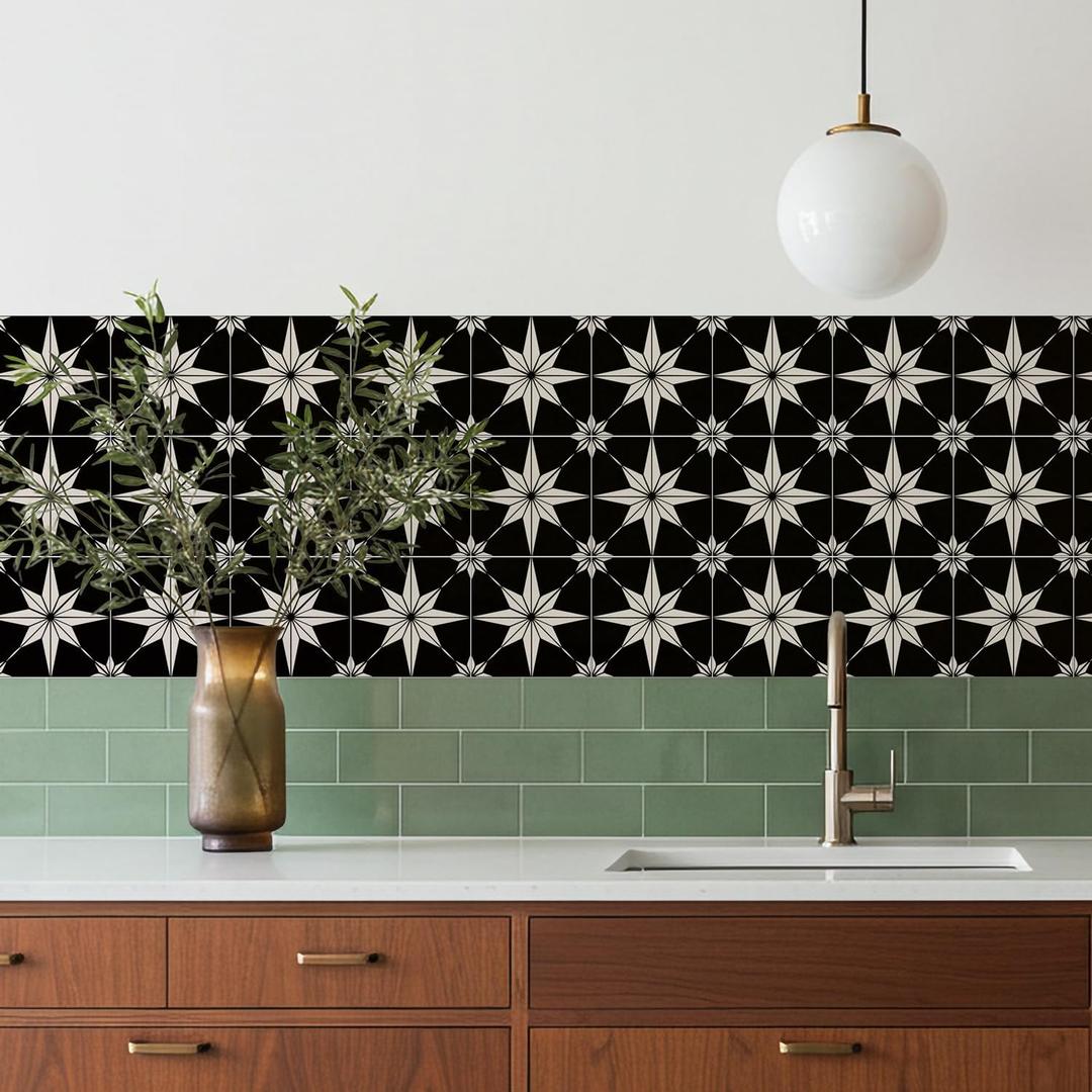 16 Pack, 5.9x5.9 Inch Star Compass Peel & Stick Tile Stickers Black-White Waterproof Removable Vinyl Backsplash Decals for Kitchen, Bathroom, Laundry, RV & Stair Risers (Black)