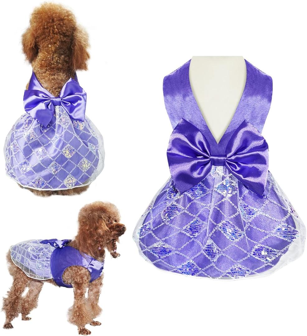 Dog Dress, Puppy Outfits for Small Dogs Girl, Cute Doggy Skirt, Breathable Pet Dress with Bow Tie, Dog Party Costume, Purple S
