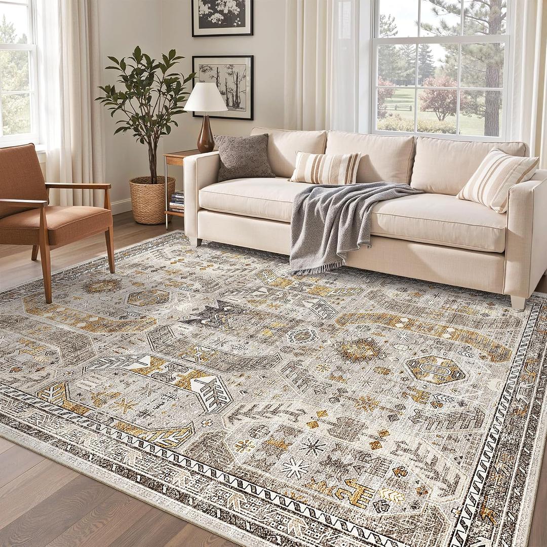 Madane 6x9 Area Rugs for Living Room, Stain Resistant Washable Rugs, Non-Slip Backing Area Rug, Vintage Home Decor Rug for Bedroom (Brown/Gold, 6'x9')