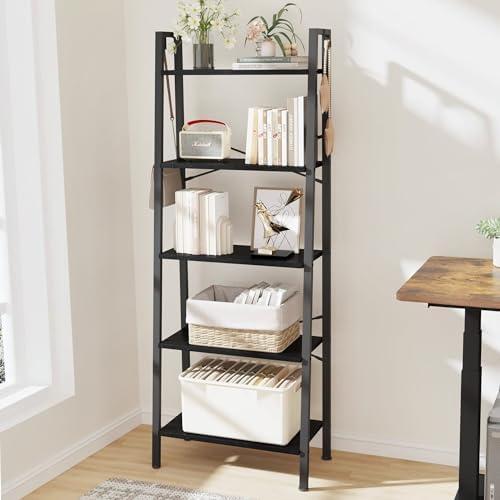 Hzuaneri Ladder Shelf, Bookshelf Bookcase, Freestanding Corner Storage Shelve with 2 Hooks for Home Office, Living Room, Kitchen, Bedroom, Industrial, 6-Tier Black BC19304B