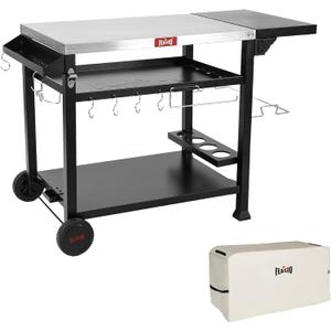 Feasto Outdoor Grill Table Cart, Pizza Oven Stand for Outdoor Indoor, 50" x 22" Stainless Steel Tabletop Dining BBQ Grill with Wheels for Food Prep, 3-Shelf Kitchen Cart with Cover