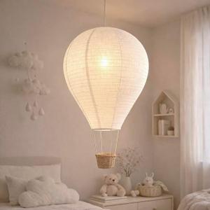Hot Air Balloon Hanging Lampshade, Handmade Faux Linen Decorative Pendant Shade for Nursery, Kids Room & Bedroom Decor, Woven Basket Detail, Approx. 14" Dia x 22" H, Lampshade Only