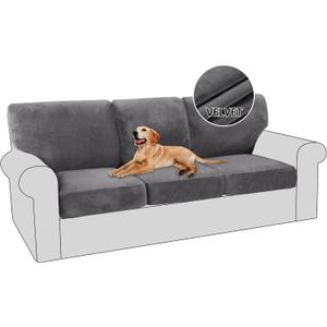 PrinceDeco 6 Piece Luxury Thick Velvet Sofa Covers3 Base Cover Plus 3 Seat Cushion Covers Couch Covers for 3 Cushion Couch Sofa Couch Cover for Dogs, Machine Washable(Sofa, Grey)