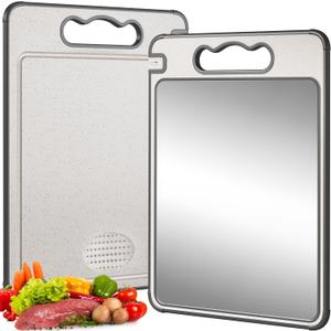 Double Sided Titanium & Wheat Straw Cutting Board, 14.4"*9.8" Non Toxic Lightweight Chopping Board, Separately Handle Meat and Vegetables, Dishwasher Safe (Gray)