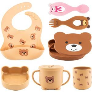 Silicone Baby Feeding Set 7 Pcs, Baby Led Weaning Supplies, Baby Feeding Supplies Set BPA Free, Baby Essentials for Newborn Gift Bear