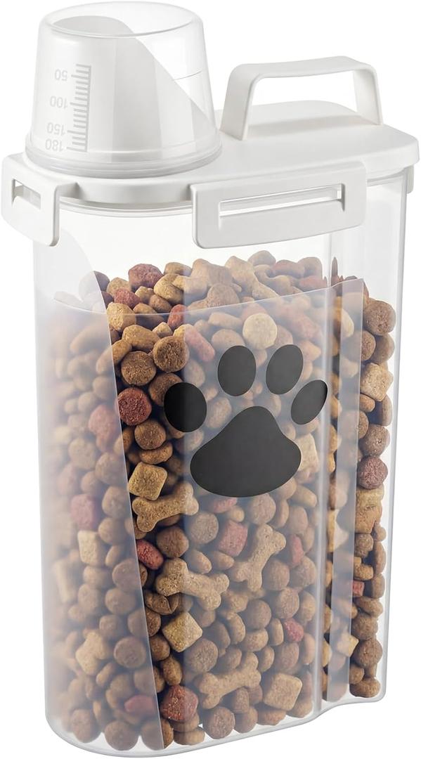 1 Pack Upgraded Dog Food Storage Container with Measuring Cup, Portable Pet Food Containers with Upgraded Large Spout and Cup for Dogs, Cats, Birds, Small Animals (Cream)