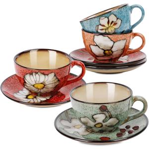 Cappuccino Cups Set of 4, 8 Oz Ceramic Coffee Cups with Saucers for Espresso, Tea, Latte Hand-Painted Porcelain Underglaze Design