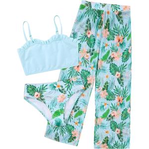 Vogseek 6-16T Girls 3 Pieces Bikini Bathing Suit with Rash Guard Pants Quick Dry Swimwear Cover-Up Sets (11-12 Years, Light Green)