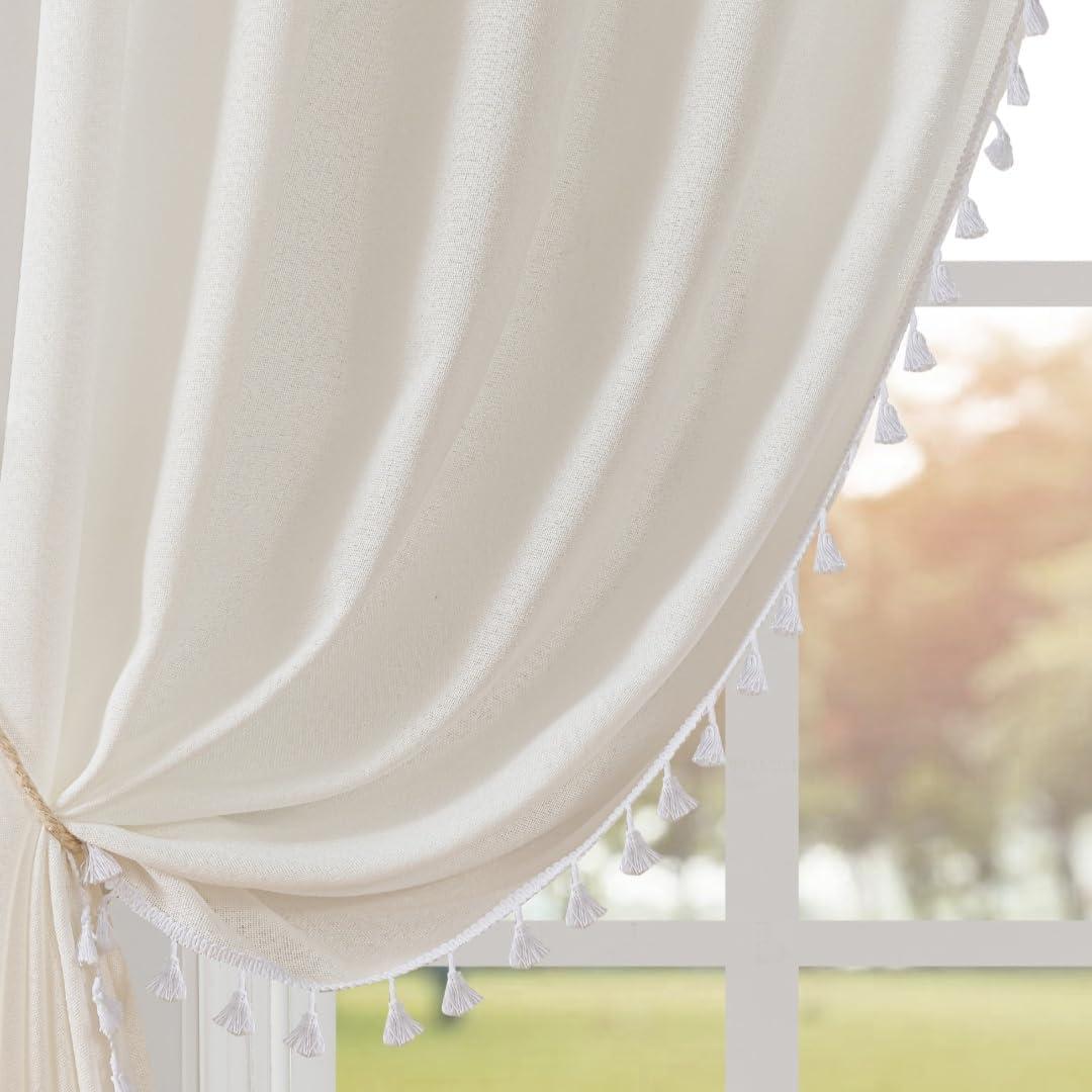 F-CHU Boho White Curtains 84 Inches Long Bohemia Linen Curtains for Bedroom Living Room, Super Soft Light Filtering Country Rustic Semi Sheer Farmhouse Curtain Rod Pocket 2 Panels Set 52x84