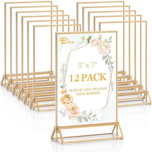 EHWINE 12 Pack Acrylic Sign Holder 5 x 7, Double Sided Gold Picture Frame Stand up Table Top Sign Holders, Clear Display Stand Menu Flyer Holder for Wedding Party (Provide Non-slip Mats)
