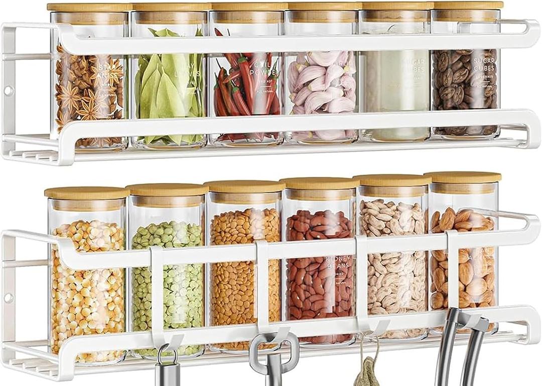 Bunoxea Spice Rack wall mounted 2 Pack, Space-Saving Spice Organizer for Spice Jars and Seasonings,Screw or Adhesive Hanging Spice Rack Organizer for Your Kitchen Cabinet,or Pantry Door,White