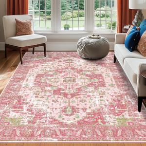 Vintage Area Rugs Living Room Boho Washable Hop Pink Green 5x7 Neutral Modern Non Slip Carpet for Nursery Dining Room Bedroom Farmhouse