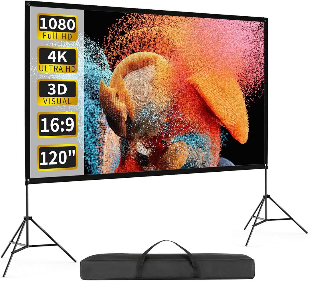 Projector Screen with Stand 120 Inch, 16:9 4K HD Portable Projector Screen Indoor Outdoor, Foldable Wrinkle-Free Movie Screen 160 Front Rear Projection Screen with Carry Bag for Home Movie
