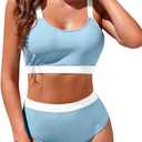 Womens High Waisted Bikini Sets Sporty Crop Top Color Block Swimwear Bandeau Scoop Neck Vintage Two Piece Bathing Suits (Medium, Light Blue)