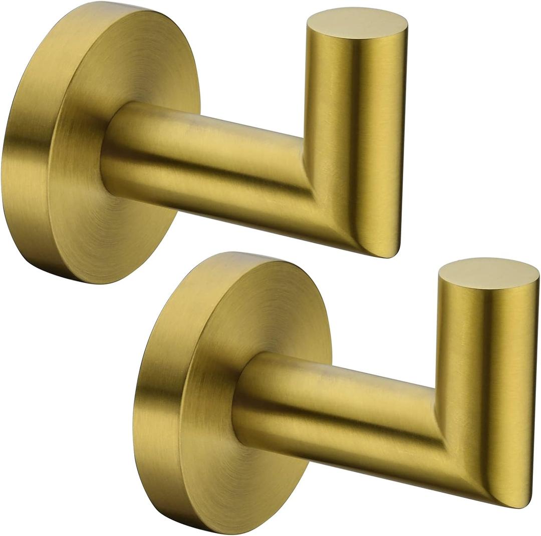 2 Pack Bath Towel Hook, Gold Robe Hook Stainless Steel Bathroom Clothes Coat Hook Wall Mounted Door Hanger Brushed Gold,96018-8BG. (2.75 Inch)