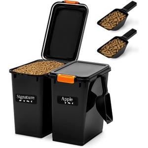 Maxdot 2 Sets 22lb Dry Pellet Storage Bin Pack with Scoops and Labels Grill Accessories Wood Pellet Storage Containers with Flavor Stickers Airtight for Grill Pellets