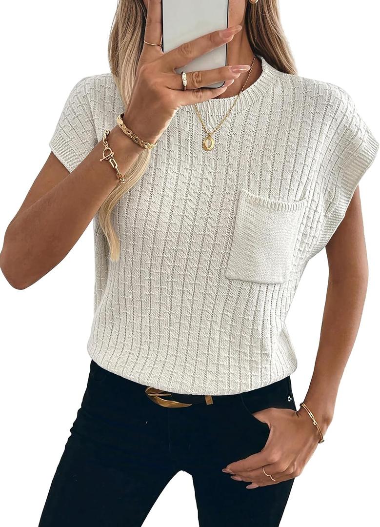 Womens Short Sleeve Sweaters Summer Cap Sleeve Tops Casual Crewneck Oversized Lightweight Knit Sweater Vest (White, XL)