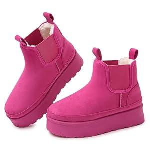 Goldnut Platform Chelsea Ankle Boots for Women: Classic Winter Hot Pink Booties with Faux Fur Slip-On Anti-Slip Outdoor Snow Short Mini Boot in 2025 Size 5.5