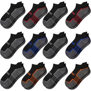 Comfoex 12 Pairs Boys Socks - Ankle Low Cut Athletic Half Cushioned Short Socks For Kids 4-6, 6-8, 8-10 Years Old