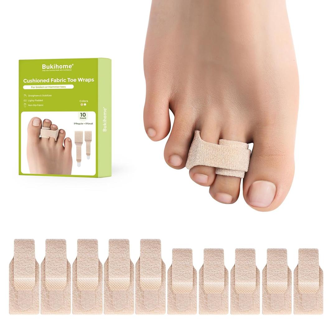Bukihome Hammertoe Corrector - 10 Pack Toe Straighteners - Broken Toe Wraps - Realign Bent, Curled, Crooked, Claw, Hammer Toes - Toe Corrector Splints for Men and Women (5 Large + 5 Small, Beige) (Multi-Size)