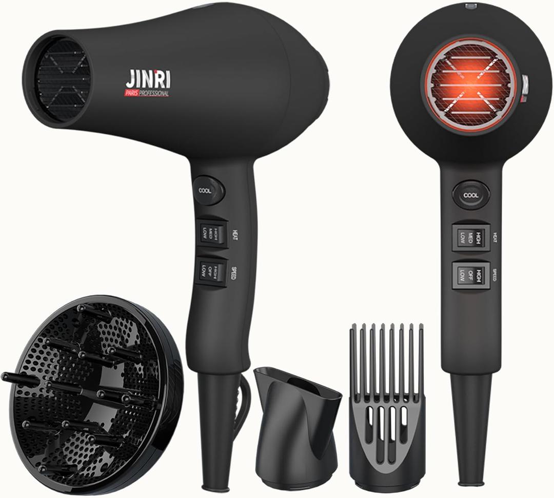 JINRI Ionic Hair Dryer with Diffuser & Comb and Concentrator, Lightweight Quiet Infrared Blow Dryer, Powerful 1875 Watt Motor for Smooth and Fast Drying Hair, Black