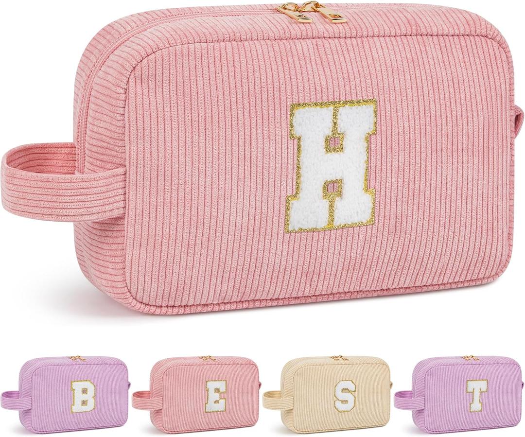 Initial Birthday Gifts Makeup Bag, Preppy Chenille Patch Cosmetic Bag, Birthday Gift Travel Toiletry Pouch, Ideal Gift for Women, Girls, Teachers & Moms (Light Pink, H)