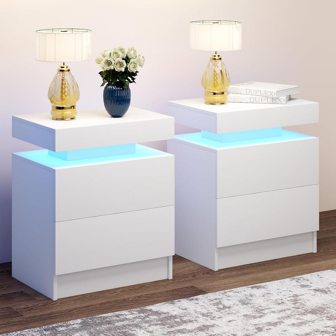 LED Nightstands Set of 2, Modern White Night Stand End Tables with APP & Remote Control LED Lighting, 2 Drawers, Open Shelf Storage, Bedside Tables for Bedroom and Living Room, 20 x 14 x 20 inches