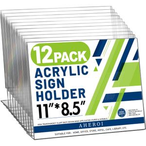 Aheroi 12Pcs Acrylic Sign Holder 8.5 x 11, Horizontal Clear Sign Holders 8.5 x 11, L-Shape Acrylic Paper Holder, Plastic Sign Holder Paper Holder Display Stand for Menu Document Picture Frames