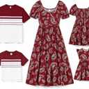 PATPAT Family Matching Summer Outfits, Mommy and Me Matching Shirts Dresses Paisley Print Matching Dresses for Family (X-Large, Burgundy)