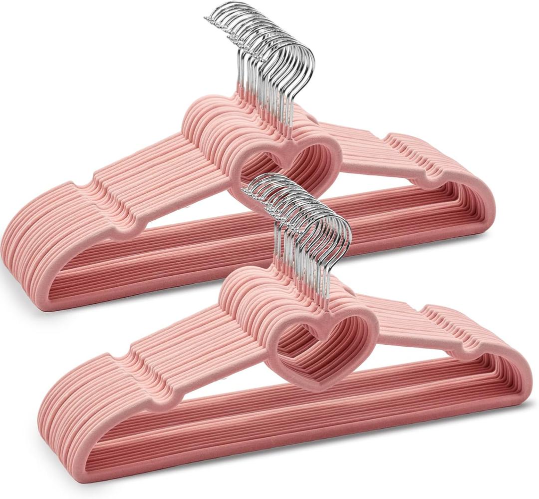 44 Pack Velvet Pink Hangers, Cute Heart Clothes Hangers with 360 Degree Swivel Hook, Non-Slip Thin Felt Hanger for Adult, Coat, Dress, Shirt, Jacket, Pants in Closet